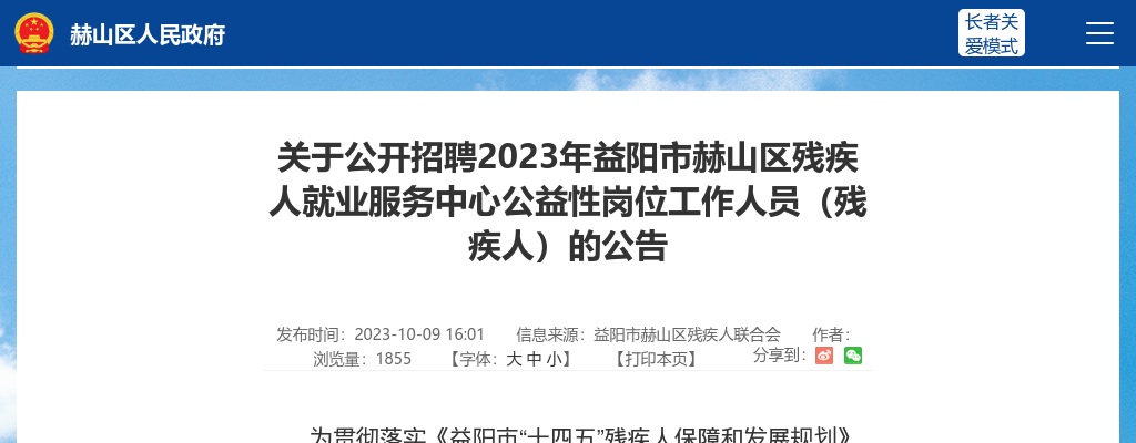 2023益阳市赫山区残疾人就业服务中心公益性岗位工作人员（残疾人）招聘13人公告 图片